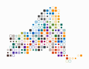 New York, shape of the state built of colored cells. Digital style map of New York on white background. Large size rounded square blocks. Awesome vector illustration.