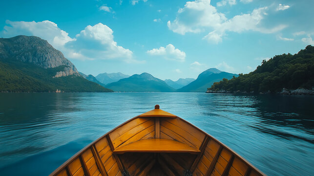 Boat trip on calm lake surrounded by mountains under blue sky for travel and adventure photography trip - Powered by Adobe