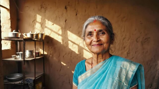 Serene elderly indian woman wearing traditional clothes smiling in her kitchen, sunlight illuminating the room and metal cooking pots on shelves