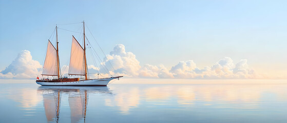 Peaceful White Sailing Ship On Calm Water At Sunrise