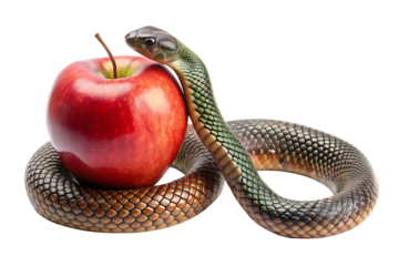 A serpent with an forbidden apple isolated on a white background PNG, AI