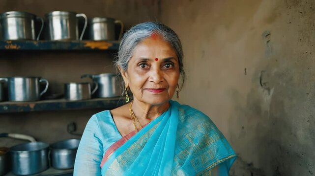 Serene elderly indian woman wearing a traditional blue sari posing in her kitchen, with metal pots and pans arranged on shelves in the background, exuding a sense of wisdom and cultural heritage