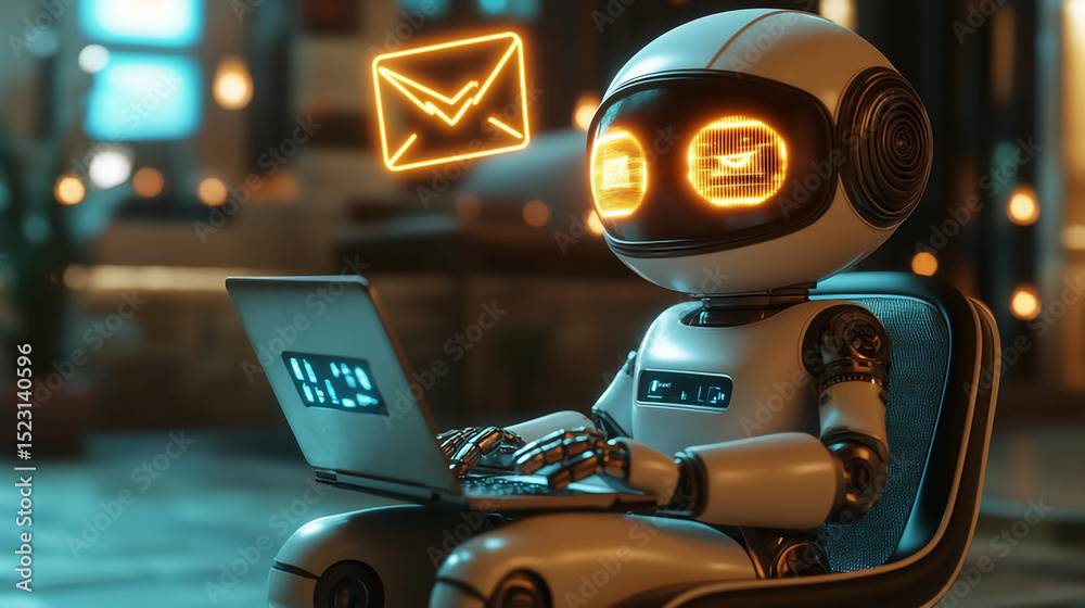 Poster robot automation email marketing ai assistant working on laptop sending messages and notifications o