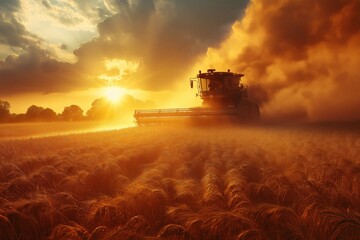 Naklejka premium Golden Sunset Over Wheat Field. Vibrant Agricultural Machinery in Action During Harvest Time