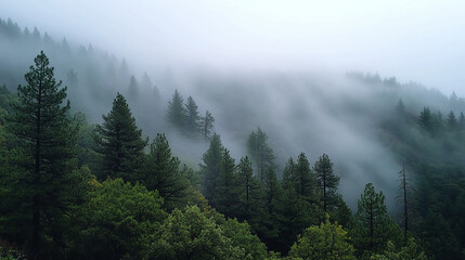 Misty mountain forest landscape with fog and trees nature background scenic view wallpaper stock photo