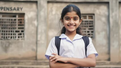 Smiling Indian student girl standing with arms crossed in front of a school building, wearing a white uniform shirt and backpack, embodying education and cultural diversity - Powered by Adobe