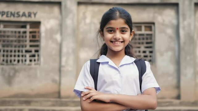 Smiling Indian student girl standing with arms crossed in front of a school building, wearing a white uniform shirt and backpack, embodying education and cultural diversity