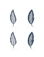 Four stylized feather illustrations, in shades of gray and dark blue, presented in a grid pattern.  Each feather has a distinct, slightly textured,  graphic appearance