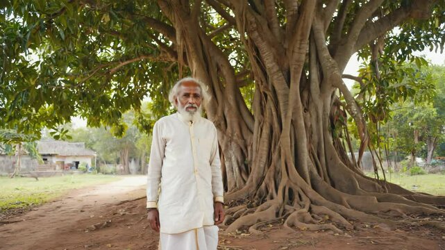 Serene portrait of an elderly farmer standing by a majestic banyan tree, reflecting wisdom and a deep connection to nature in a tranquil rural village
