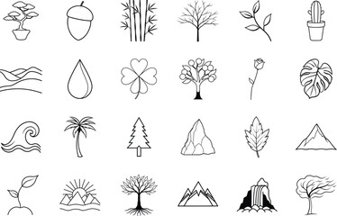 Nature Icons Plants, Trees, Water, Mountains, Minimalist Line Art