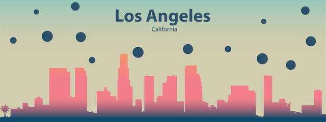 is a stylized silhouette of the city skyline of Los Angeles, California with pink buildings against a light beige sky with scattered dark circles that can symbolize rain or stars.