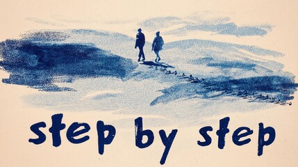 Clean motivational artwork centered around the words "step by step", designed for inspiring steady and thoughtful action.