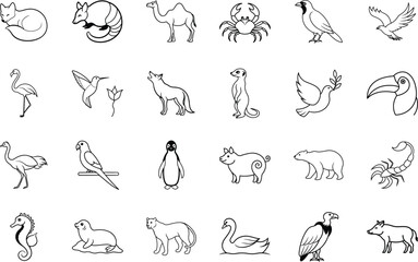Diverse Animal Icons Cat, Fox, Camel, Bird, Crab, Wildlife Illustrations