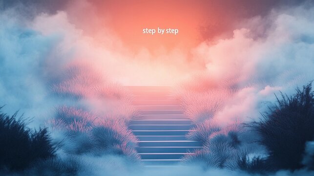 Clean motivational artwork centered around the words "step by step", designed for inspiring steady and thoughtful action.