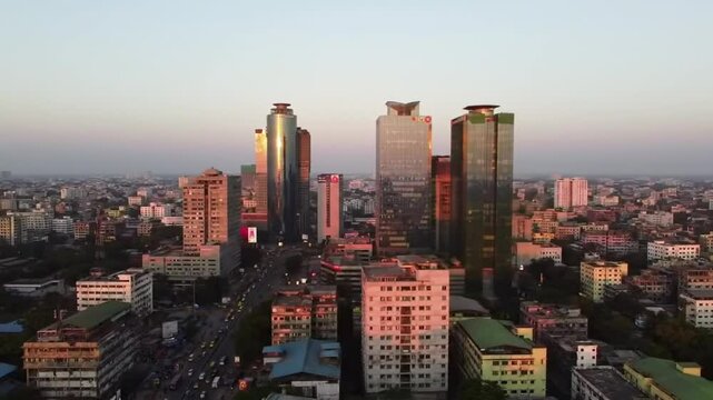 Yangon skyline at sunset aerial view