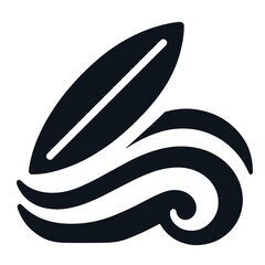 Minimalistic black and white surfboard with wave vector illustration on transparent background representing surf culture, freedom, and beach lifestyle