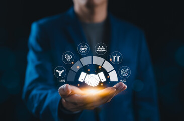 Fototapeta na wymiar Business Collaboration and Performance Optimization Concept. Businessman presents handshake and teamwork icons, symbolizing collaboration, efficiency, and performance optimization. Trusted Partner,