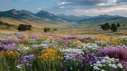 Fototapeta premium A field of wildflowers surrounded by majestic mountains and fluffy clouds above