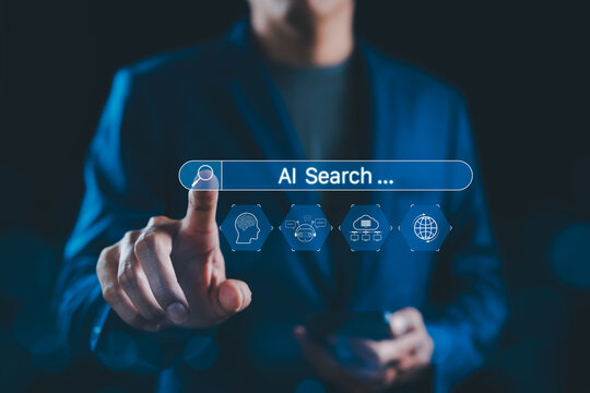 AI Search Engine Technology Concept. A person interacts with search bar AI Search, representing artificial intelligence, chatbot, data cloud, global connectivity, and future search engine innovation. - Powered by Adobe