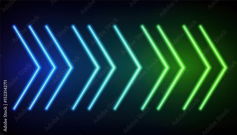 Poster neon chevron arrow pattern in glowing blue to green gradient on dark background for futuristic banner, digital interface, web design, branding, or technology themed visual project

