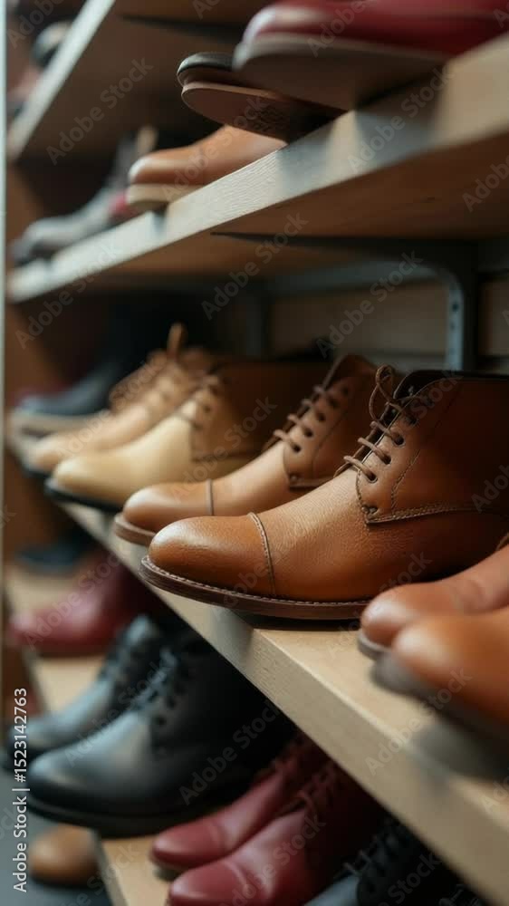 Poster row of men's shoes on a shelf, various styles and colors
