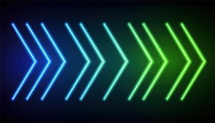 neon chevron arrow pattern in glowing blue to green gradient on dark background for futuristic banner, digital interface, web design, branding, or technology themed visual project


