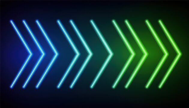 neon chevron arrow pattern in glowing blue to green gradient on dark background for futuristic banner, digital interface, web design, branding, or technology themed visual project

 - Powered by Adobe