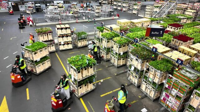 A high-tech flower logistics center in the Netherlands uses artificial intelligence to manage fresh flower sorting, packaging, and rapid global delivery. Dutch export economy features