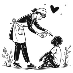 Woman sharing food with child kindness act
