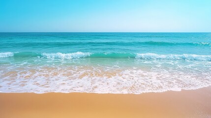 Fototapeta premium Calm ocean waves meeting a sandy beach under a clear sky. AI-generated.