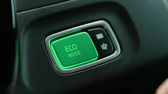 Close-up of eco mode button in a car dashboard highlights sustainable transportation features and fuel-saving technology for green mobility