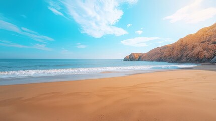 Máncora Beach : Beach scene with waves, sand, and cliffs under a blue sky. AI-generated.