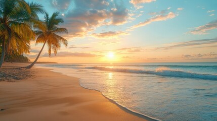 Máncora Beach : Sunset beach scene with palm trees and gentle ocean waves. AI-generated.