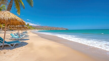 Máncora Beach : Tropical beach with palm trees and calm blue water. AI-generated.