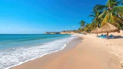 Máncora Beach : Pristine beach with palm trees under a clear blue sky. AI-generated.