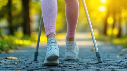 Low angle view of person walking with trekking poles in park.