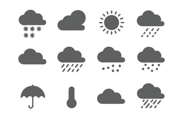 Black Weather Forecast Icon Set with Rain, Sun, Moon, Cloud, Storm, Fog, Snow and Temperature Symbols