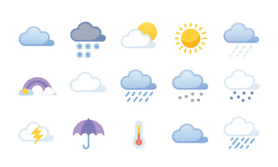 Obraz premium Flat Weather Forecast Icon Set with Sun, Rain, Cloud, Storm, Umbrella, and Temperature Symbols