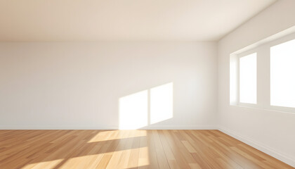 Fototapeta premium Illuminate a bright minimalist room with warm sunlight casting soft shadows on sleek wooden walls and polished floors, showcasing clean architectural lines in a 3D render., hyperrealism. White tone