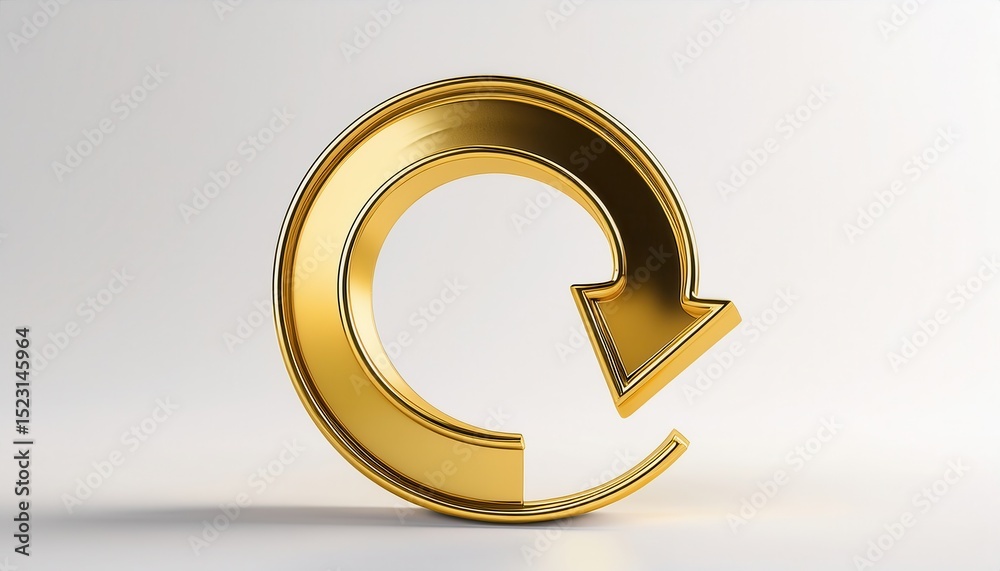Poster glossy golden curved arrow in 3d loop shape isolated on white background for branding, business symbol, web icon, app design, infographic element, or modern marketing visual

