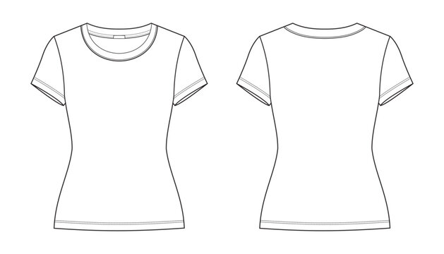 Technical drawing of a casual women's T-shirt, front and back view, fitted silhouette, crew neck, short sleeves, and detailed stitching. Perfect for fashion tech packs and design projects.