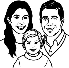 Smiling family portrait illustration of mother father and child expressing happiness and togetherness in a black and white outline