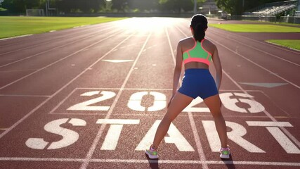 Athletic Woman Runner Standing at 2026 START Line on Track Field, New Year Resolution Fitness Goals, Beginning Fresh Start Motivation Concept - Powered by Adobe