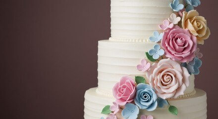 White multi tiered wedding cake with colorful rose decoration. Elegant festive dessert for celebration at event.