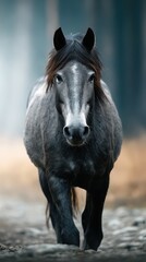 Majestic grey horse walking confidently through a misty forest in early morning light
