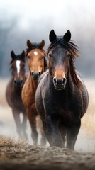 Herd of horses moving through misty pasture at dawn