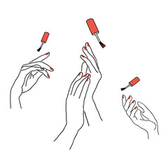 Collection. Lady doing manicure, painting nails with varnish. Silhouette of female hands in modern one line style. Continuous line, outline for decor, posters, stickers, logo. Vector illustration set.