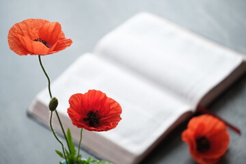 Bright orange poppies placed near an open book on a dark surface. The concept Memorial day and...