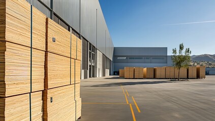 Fototapeta premium Commercial Display of Plywood Sheets and Doors in Concrete Warehouse