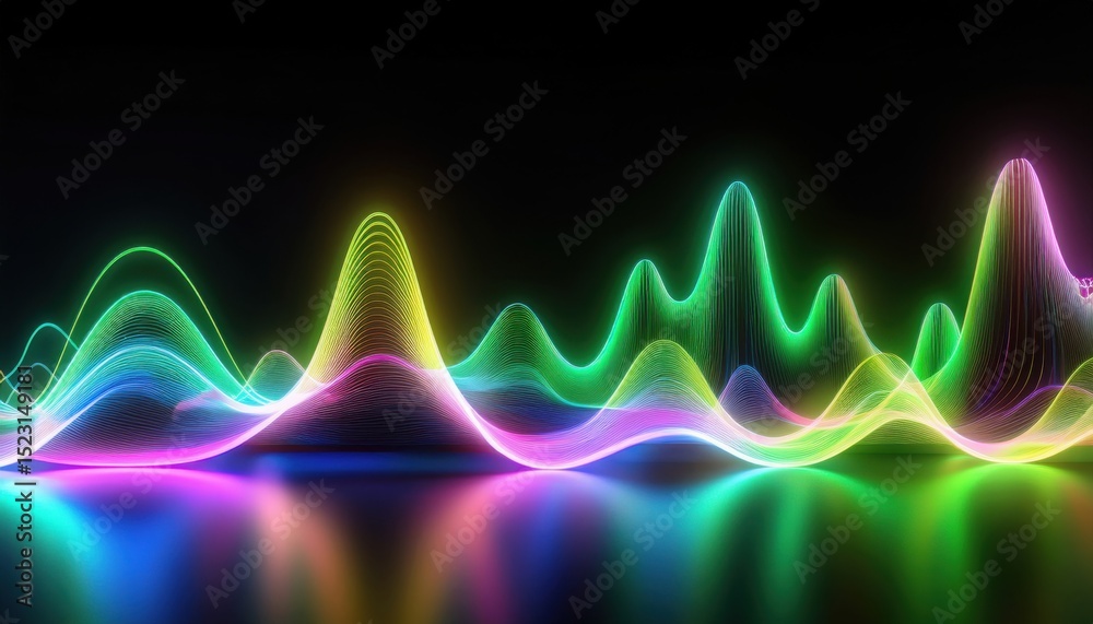 Poster vibrant neon waveform curve glowing in darkness with rainbow color spectrum and smooth gradient reflection for abstract web design, futuristic branding, or dynamic digital print background


